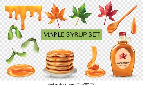 Realistic maple syrup elements set with bottle spoon leaves seeds drops plate of pancakes on transparent background isolated vector illustration