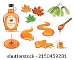 Realistic maple syrup set with bottle drops leaves seeds and wooden spoon isolated vector illustration