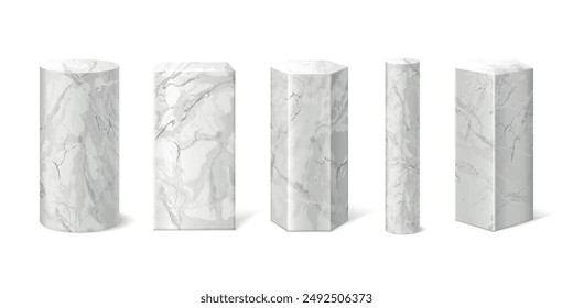 Realistic marble cylinders. Stone pillars concrete pole museum column marbling podium, white circular square cube stand block product display gallery, 3d exact vector illustration authors graphics