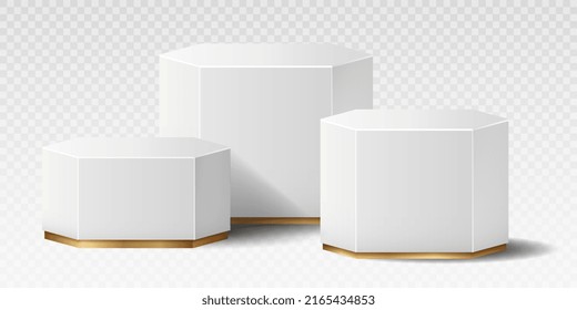 Realistic marble podium. Collection of white unusual shapes and polygons for product presentation. Sales and special offers for customers, banner or poster for website. Isometric vector illustration