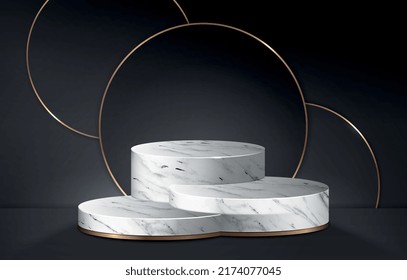Realistic marble podium. Place for presentation of cosmetic products, pedestal with golden lines. Advertising poster for website. Antique architecture and luxurious style. 3D vector illustration