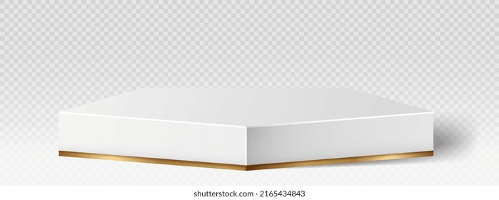 Realistic marble podium. White and gold pedestal. Place for presentations, advertising of goods and cosmetic products. Modern internet marketing, poster for online store. Isometric vector illustration