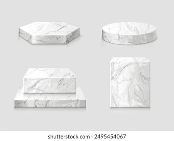 Realistische Marmorpodien. White Stone Base Standfuß Sockel Platz für die Produktausstellung, moderne 3D-Plattform Showcase Bühne isoliert Ständer Block, exakte Vektorillustration Autoren Grafiken