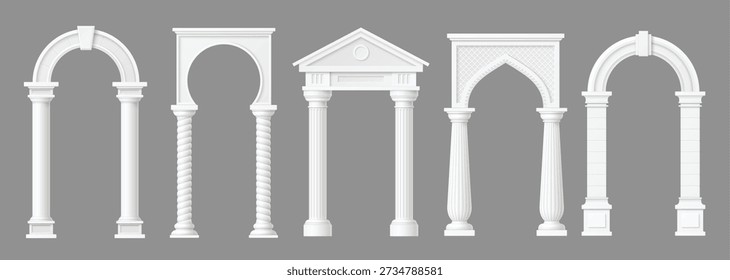 Realista arco de piedra de mármol con columnas, arco de puerta con pilares. Monumental arquitectura de edificios de Vectores en 3D. Puertas de templo antiguas Clásicas o marcos de portal de fachada, entrada o puerta