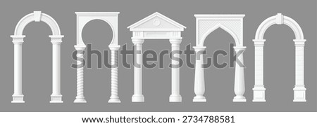 Realistic marble stone arch with columns, door archway with pillars. Monumental 3d vector building architecture. Classical antique temple gates or portal frames of historic facade, entrance or doorway