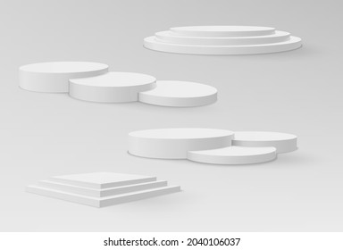 Realistic marble and white pedestals or podium, abstract geometric empty museum stages