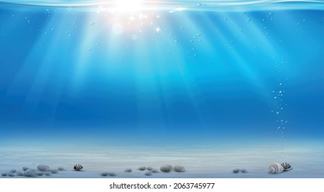 Paisaje marino realista con conchas submarinas de visión submarina burbujas y vigas de ilustración vectorial de la luz solar