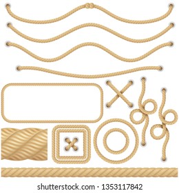 Realistic marine or nautical fiber ropes. Borders, frames sailing decoration elements. Knot twisted isolated object. EPS 10