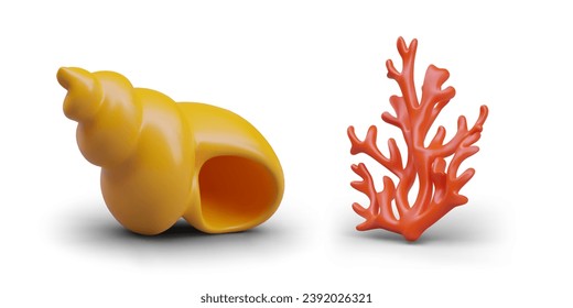 Realistic marine underwater twisted shell and red beautiful coral. Decorative sea plants. Aquatic plant. Vector illustration in 3d style on white background