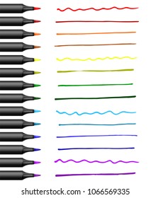 Realistic markers with different colors strokes. Vector illustration.