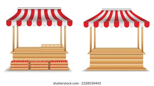 realistic market stall wooden kiosk or market stall with striped awning isolated. 3d illustration