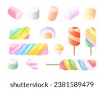 Realistic marshmallows. 3d marshmallow or twisted gummy candy, color swirl lollipops gelatin spiral sweets pink pastel on stick for toasting, confection exact vector illustration