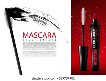 Realistic mascara cosmetic advertising template with opened tube and black brush stroke vector illustration  