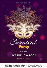 Realistic mask illustration on purple bokeh background for Carnival party template design.