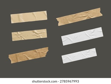 Realistic masking tape texture strips vector illustration set. Crumpled brown and white adhesive paper tape pieces with torn edges isolated on a dark background.