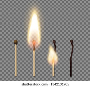 Realistic match stick flame icon set with four steps of burning match vector illustration