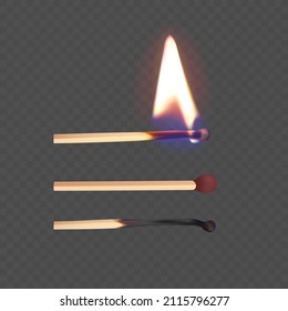 Realistic match stick and flame match icon set, closeup isolated on transparency grid background. Whole and burnt matchstick. Vector format