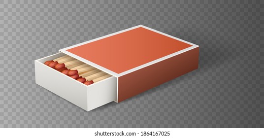 Realistic matchbox. 3d match box open with wooden matches sticks with shadow on grey background. Detailed vector illustration