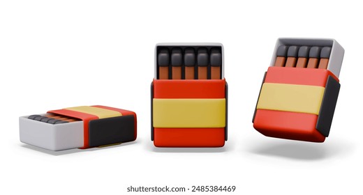 Realistic matchbox in different positions. Vector template with blank label, mockup