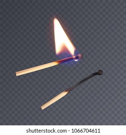 Realistic matches, lighted match and burned match. Vector illustration on dark background