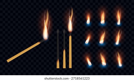 Conjunto de Vectores de llama de fósforo realista: fósforos en llamas con etapas de fuego, efectos de encendido y chispa, íconos de llama y palo de fósforo 3D aislados sobre fondo transparente