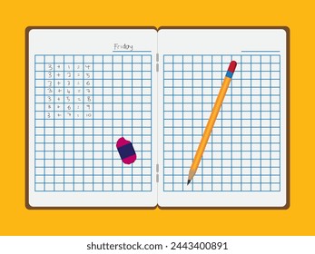 Realistic mathematics exercise book with pencil and rubber. School homewort, student, primary school, secondary school, kindergarten.