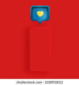 Realistic matte phone with 3D heart and speech bubble, vector illustration