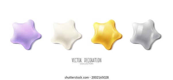 Realistic matte purple and white star and metallic gold and silver star on white background. Vector illustration. Decoration collection
