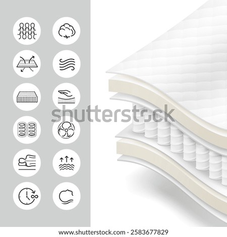 Realistic mattress with pocket spring mockup with set icons. Vector illustration isolated on a white background. The illustration will present mattress consisting of many layers. EPS10.	