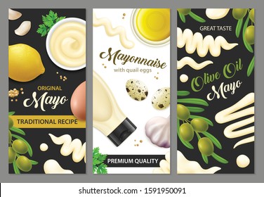 Realistic mayonnaise banners set with three vertical backgrounds editable text and images of eggs and vegetables vector illustration