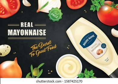 Mayonnaise realista anuncios horizontales fondo de afiche con texto ornamentable rodajas de vegetales y producto plástico ilustración vectorial de botella