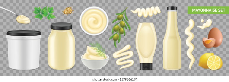 Mayonesa realista con imágenes aisladas de los ingredientes envasado y plantas nutricionales en una ilustración transparente vectorial