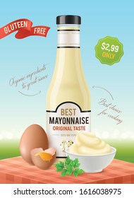 Realistic mayonnaise vertical ads poster with outdoor scenery table and eggs with plates and product package vector illustration