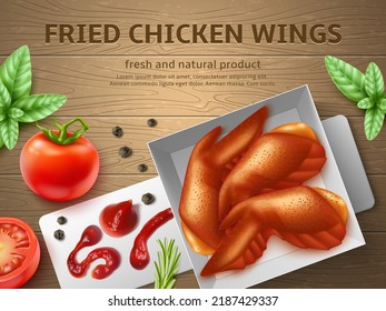 Realistic meat chicken banner. Roasted wings with tomato and herbs, spices and ketchup, fresh ingredients on white plate, wooden surface, 3d isolated elements, barbecue utter vector concept