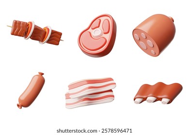 Realistic meat products 3D cartoon plastic style vector icons set. Volume sausage, ham, salami, bacon, beef steak, ribs, brisket, fillet, shashlik. Butcher shop product. Render illustration isolated