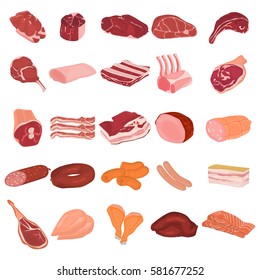 Realistic meat slices and meat products color flat icons set. For web and mobile design