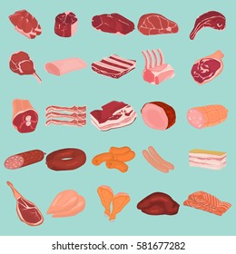 Realistic meat slices and meat products color flat icons set. For web and mobile design