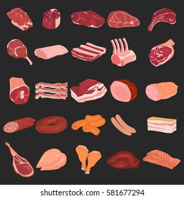 Realistic meat slices and meat products color flat icons set. For web and mobile design