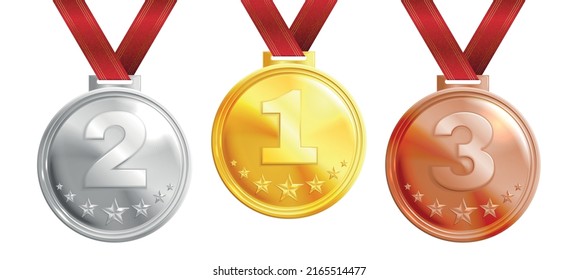Realistic medal trophy set of golden silver and bronze awards with red ribbons isolated vector illustration