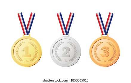 Realistic medals - gold, silver,bronze medal with striped ribbons. Realistic golden awards for competition winner. Applicable for winner certificates design. Vector illustration