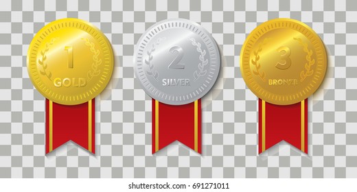 Realistic Medals with red ribbons set. Golds, Silver, and Bronze Medals Vector Design.