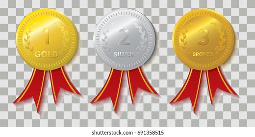 Realistic Medals with red ribbons set. Golds, Silver, and Bronze Medals Vector Design.