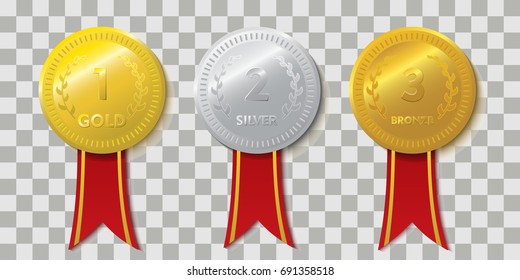 Realistic Medals with red ribbons set. Golds, Silver, and Bronze Medals Vector Design.