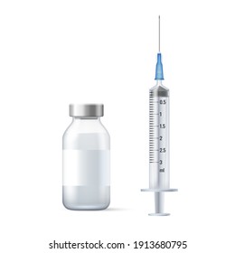 Realistic medial vial with vaccine and syringe for patient vaccination or treatment. 3d realistic template with empty label isolated. Vector illustration