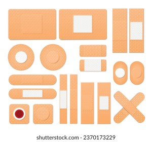 Realistic medical adhesive bandages plasters set with isolated top view images of inner and outer sides vector illustration
