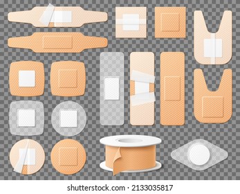 Realistic medical bandages and plasters. 3D sticky tape. Sealing wounds and injury. Antibacterial adhesive strips and rolls. Different shapes. First aid. Vector