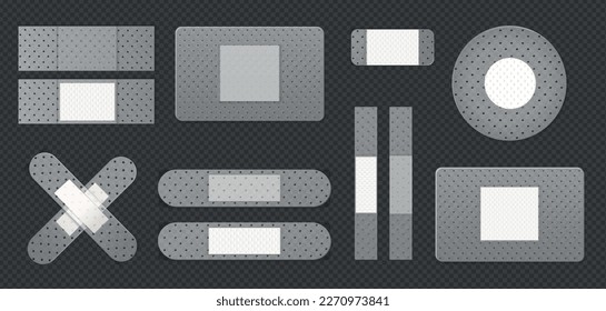 Realistic medical bandages set with transparent background and monochrome images of plasters with different shapes sides vector illustration