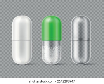 Realistic medical capsules. 3D individual medicine dose packaging mockup. White, color and empty transparent pills. Drug unit. Antibiotic or painkiller. Vector treatment