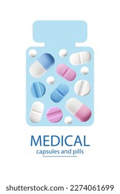 Realistic medical capsules and pills, jar silhouette 3D style, vector illustration isolated on white background. Pink, blue and white tablets and capsules, healthcare and treatment