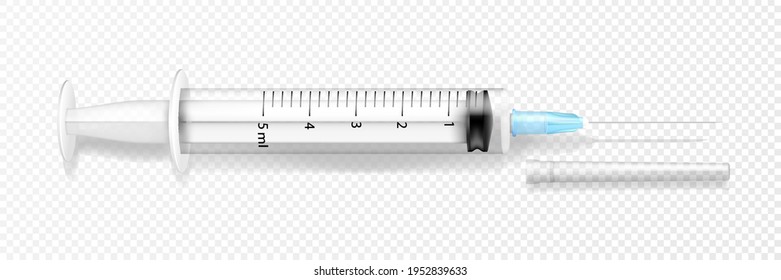 Realistic medical disposable syringe with needle. Applicable for vaccine injection, vaccination illustration. Plastic empty open syring. Vector 3D realistic